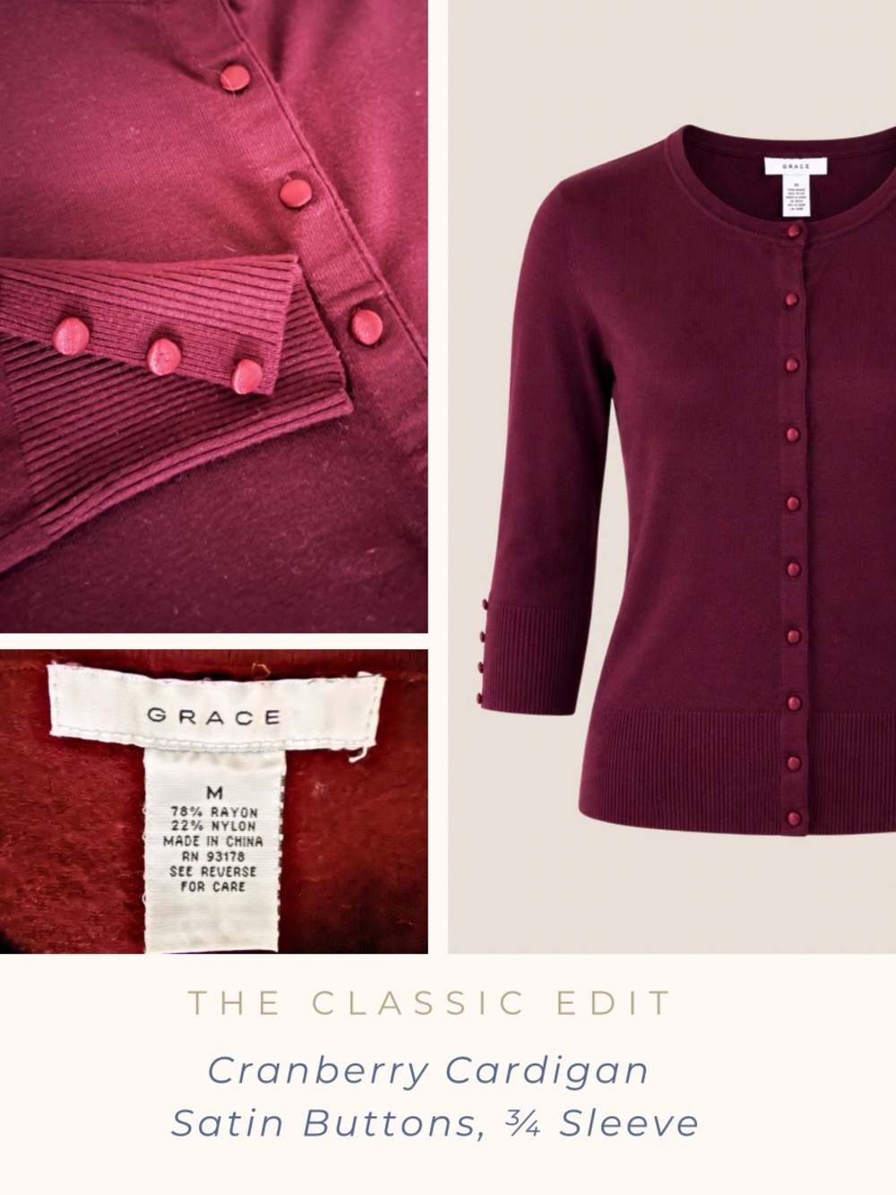 Grace | Cranberry Cardigan Sweater | Satin Covered Buttons | 3/4 Sleeve | Medium